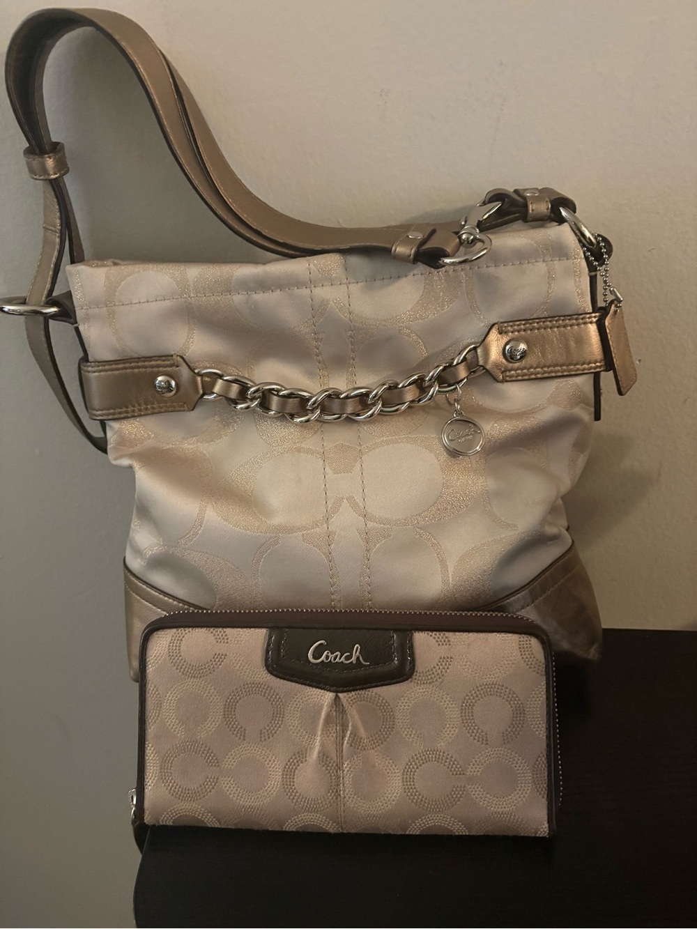 Coach Metallic Taupe Signature Shoulder Bag with Wallet